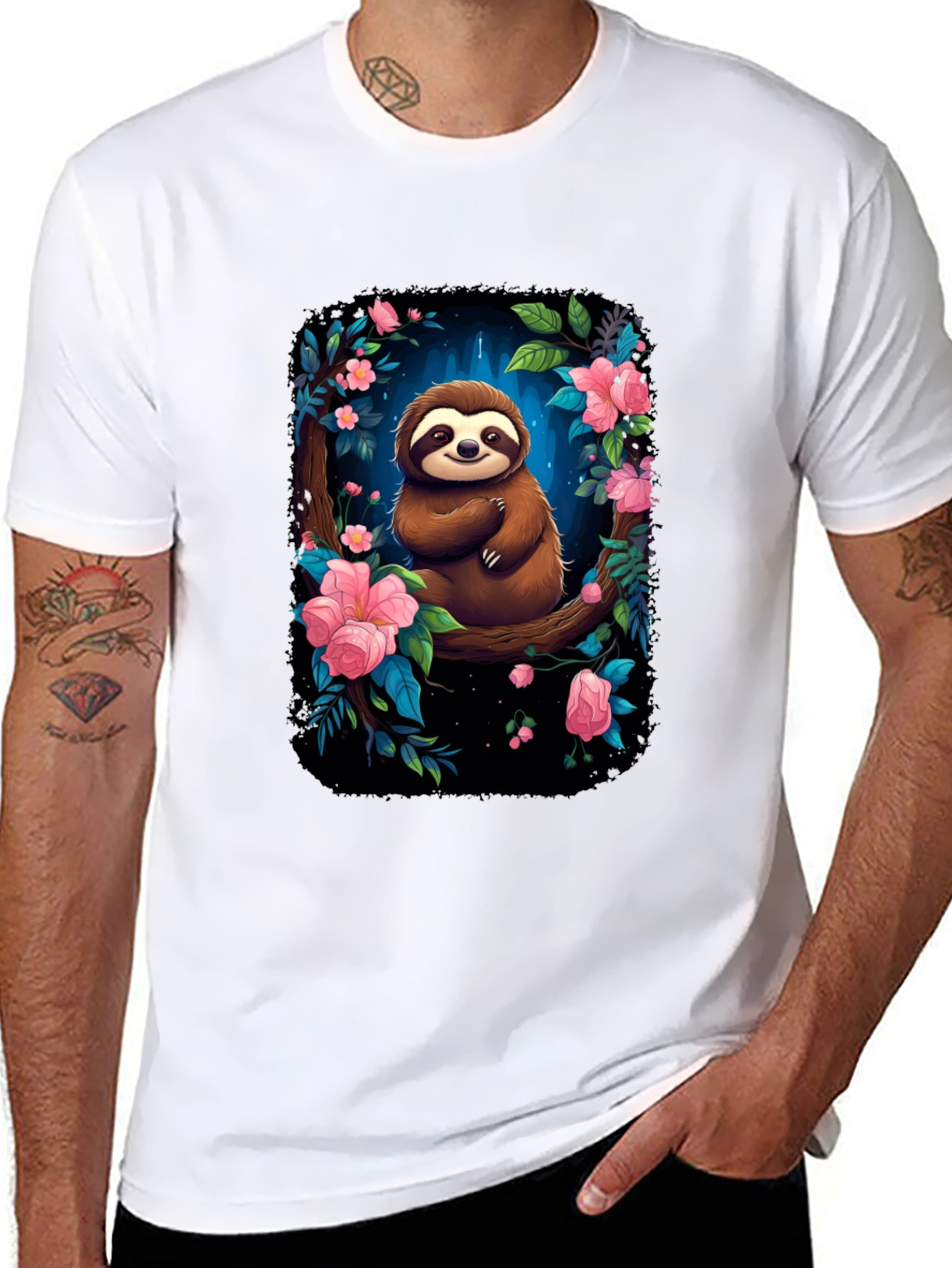 Sloth Floral Graphic Black T-Shirt