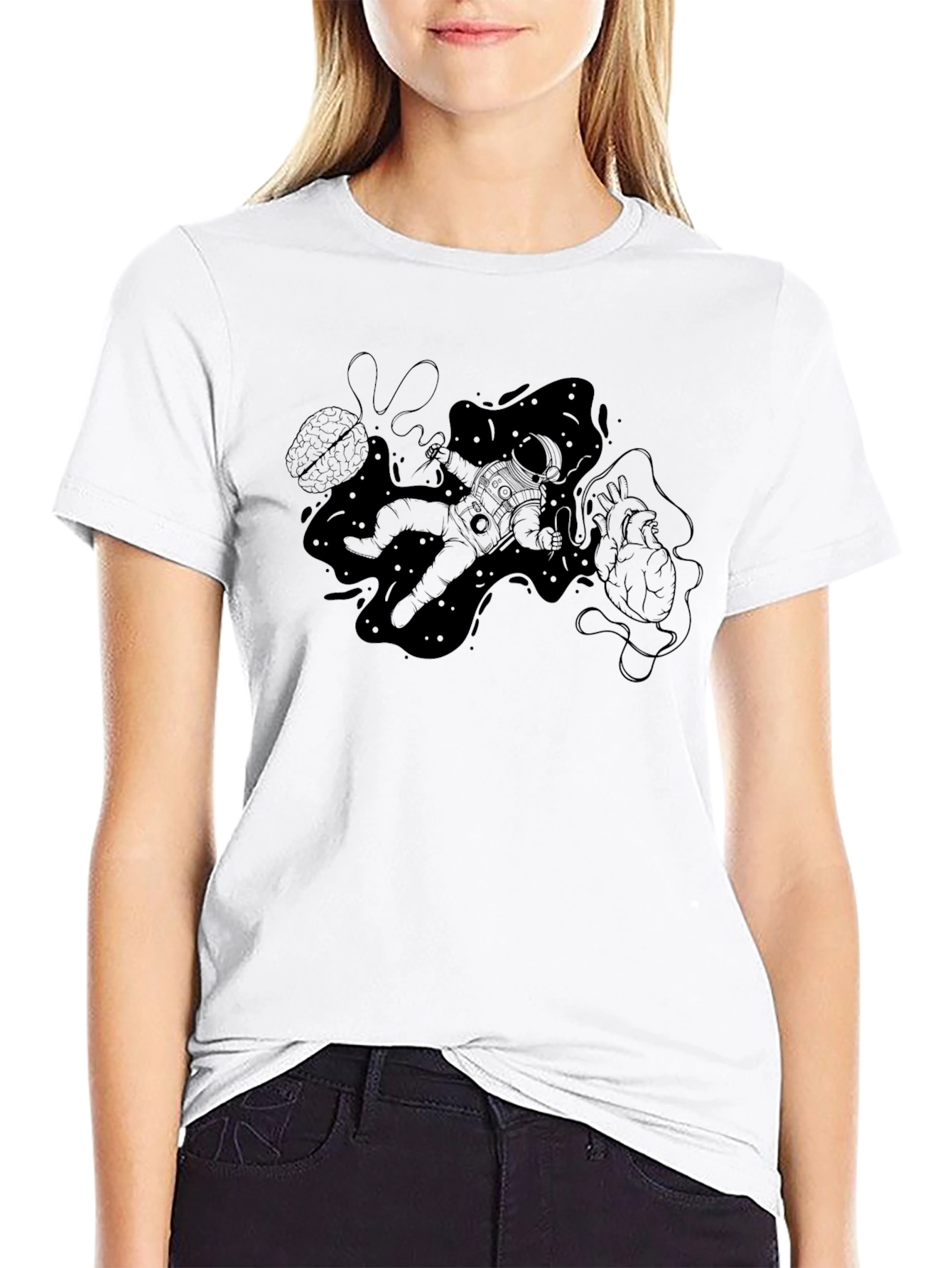 Astronaut Brain Heart Black T-Shirt
