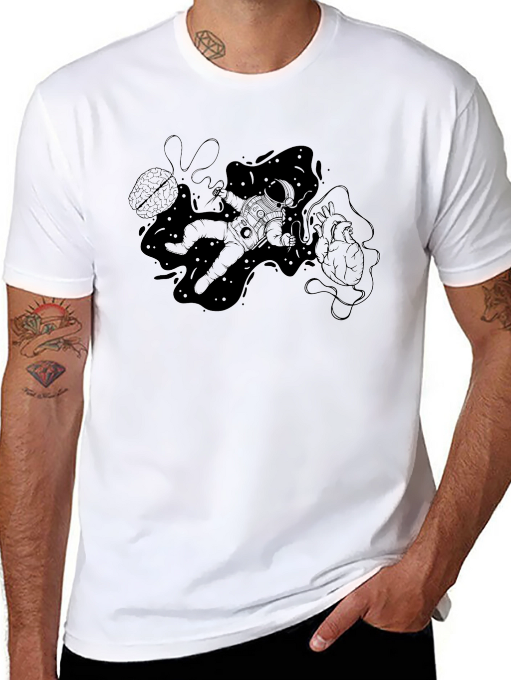 Astronaut Brain Heart Black T-Shirt