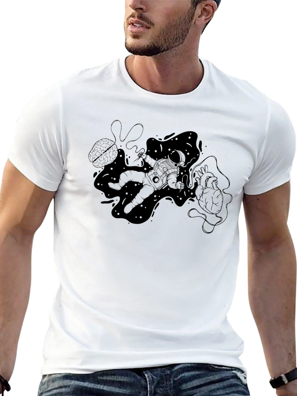 Astronaut Brain Heart Black T-Shirt