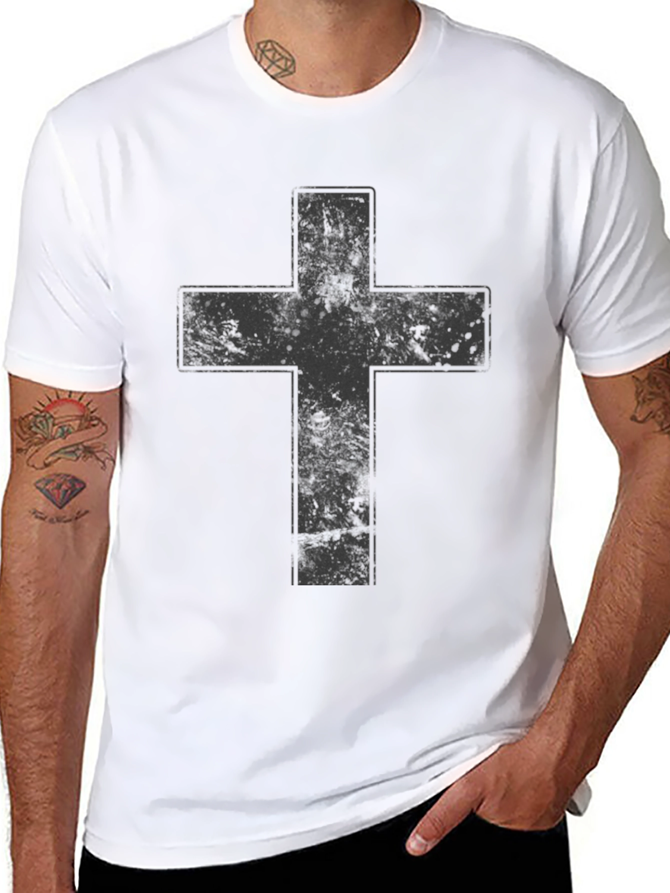 Distressed Cross Graphic Black T-Shirt