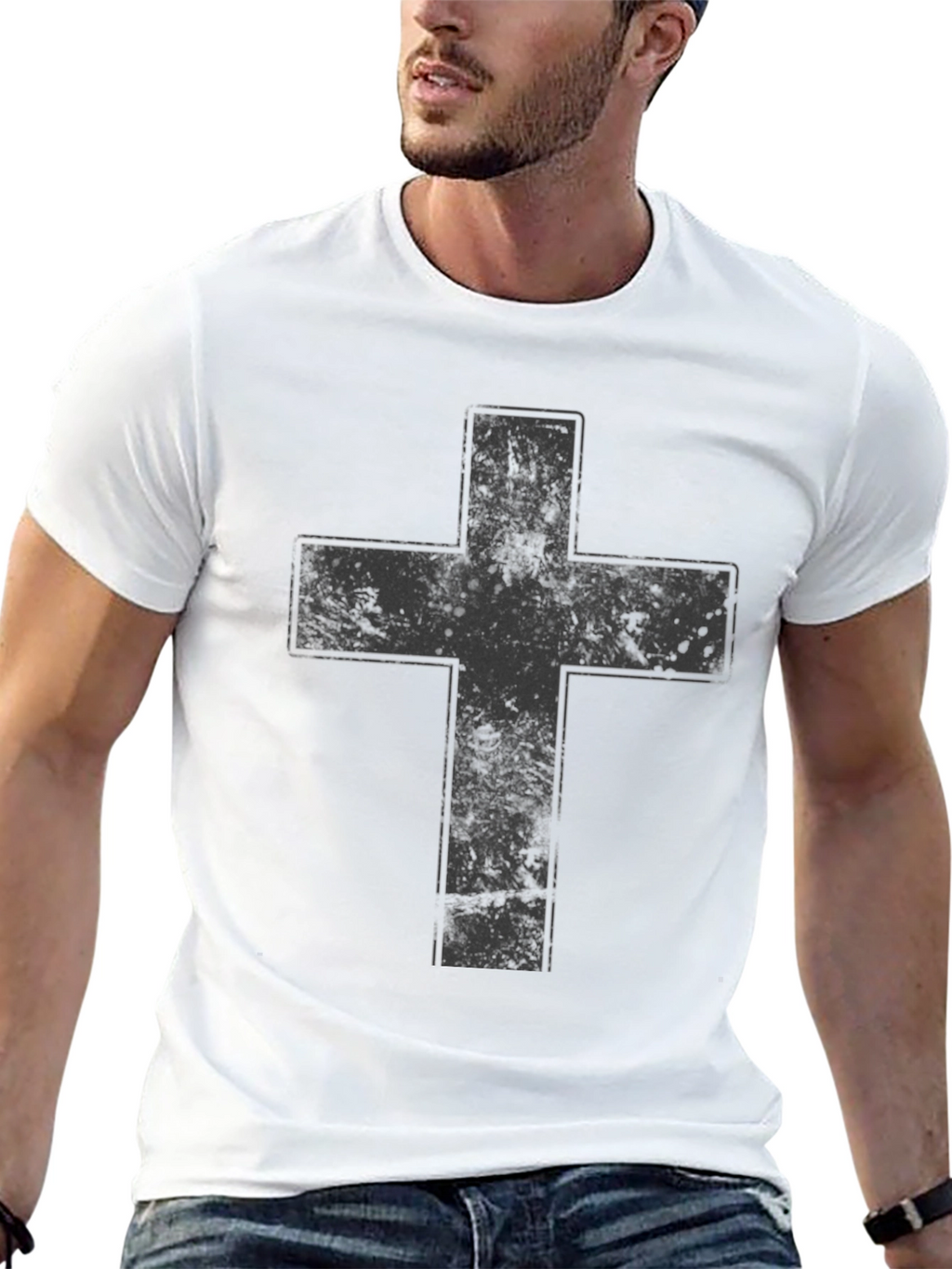 Distressed Cross Graphic Black T-Shirt