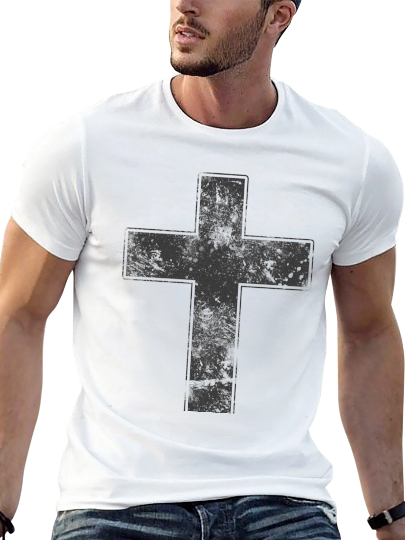 Distressed Cross Graphic Black T-Shirt