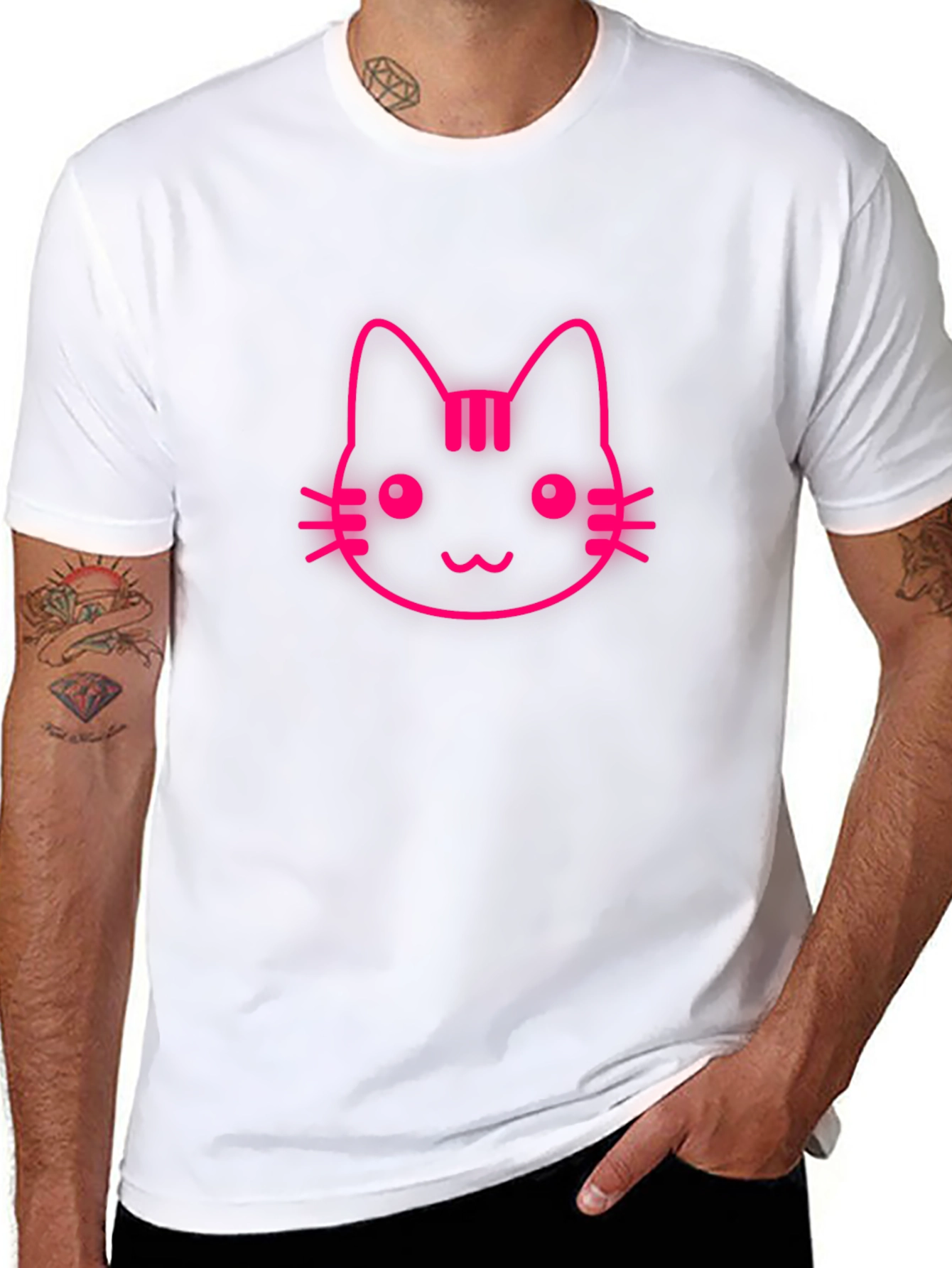 Pink Cat Graphic Black T-Shirt