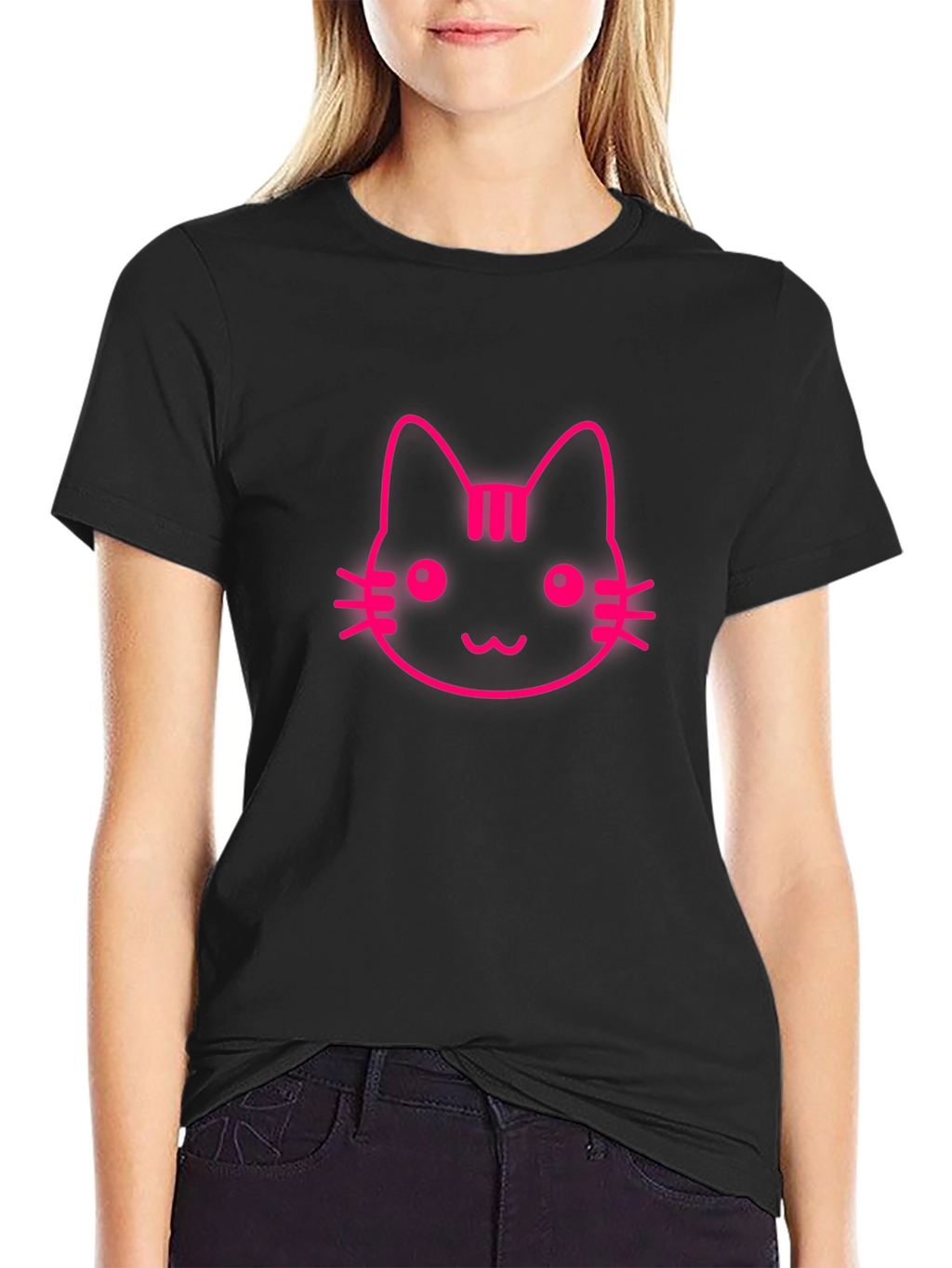 Pink Cat Graphic Black T-Shirt