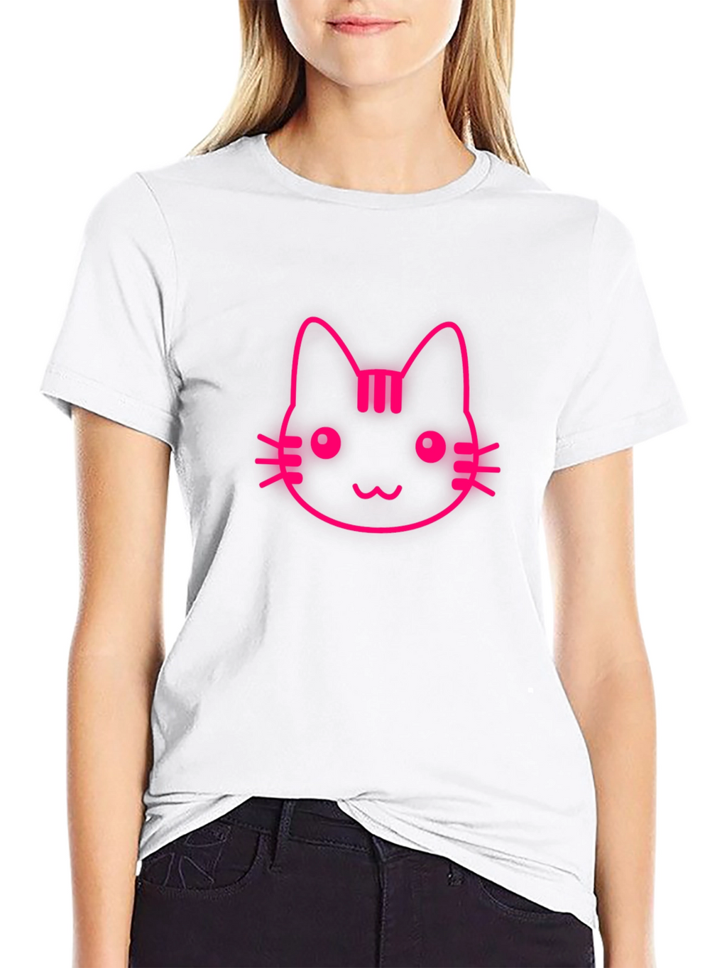 Pink Cat Graphic Black T-Shirt