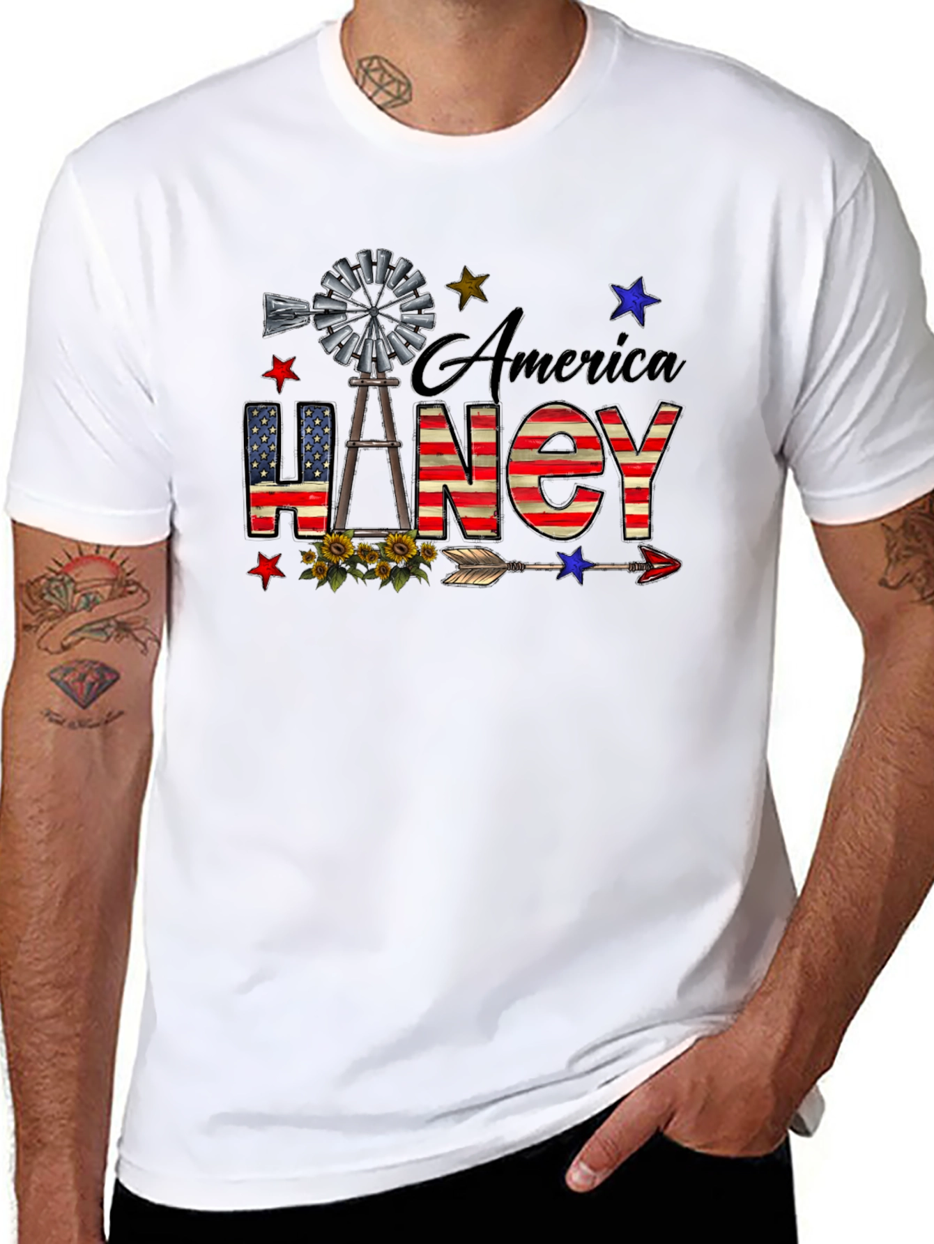 America Haney T-Shirt Patriotic Windmill Stars USA Flag