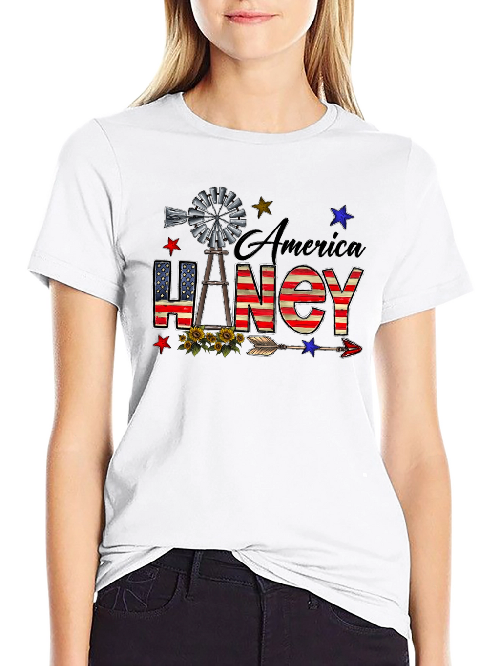 America Haney T-Shirt Patriotic Windmill Stars USA Flag