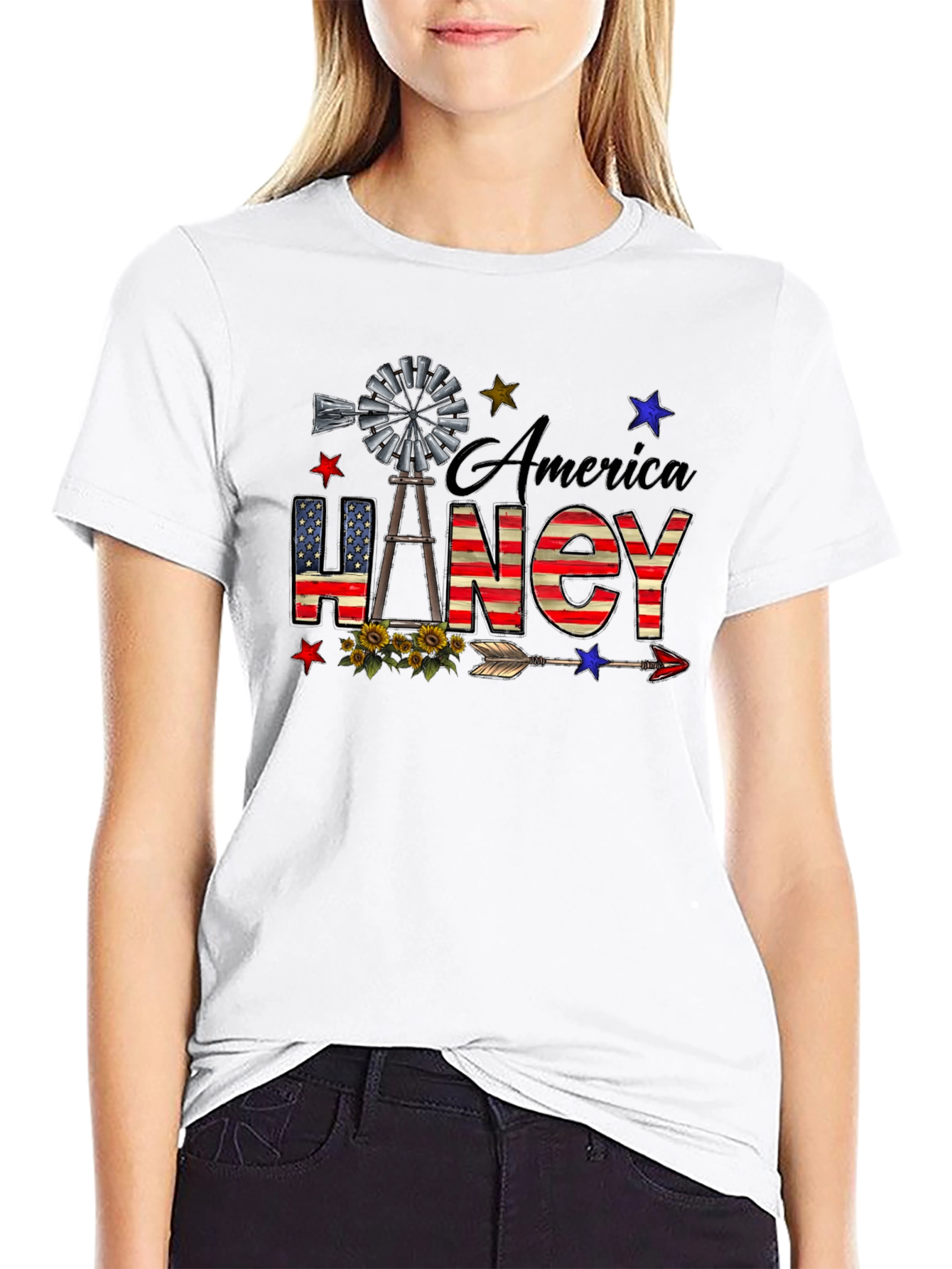 America Haney T-Shirt Patriotic Windmill Stars USA Flag