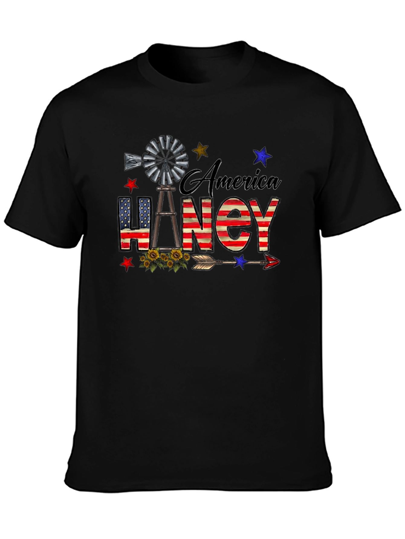 America Haney T-Shirt Patriotic Windmill Stars USA Flag