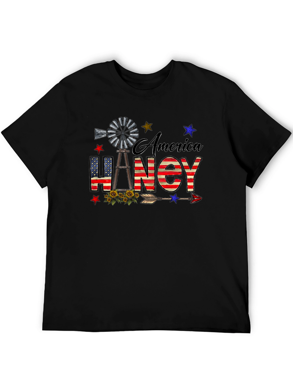 America Haney T-Shirt Patriotic Windmill Stars USA Flag