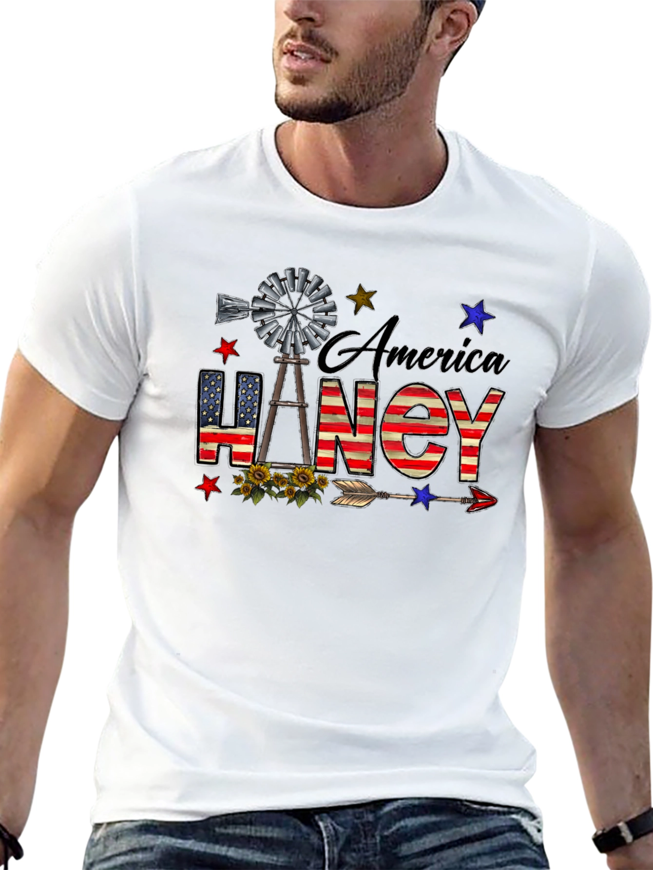 America Haney T-Shirt Patriotic Windmill Stars USA Flag