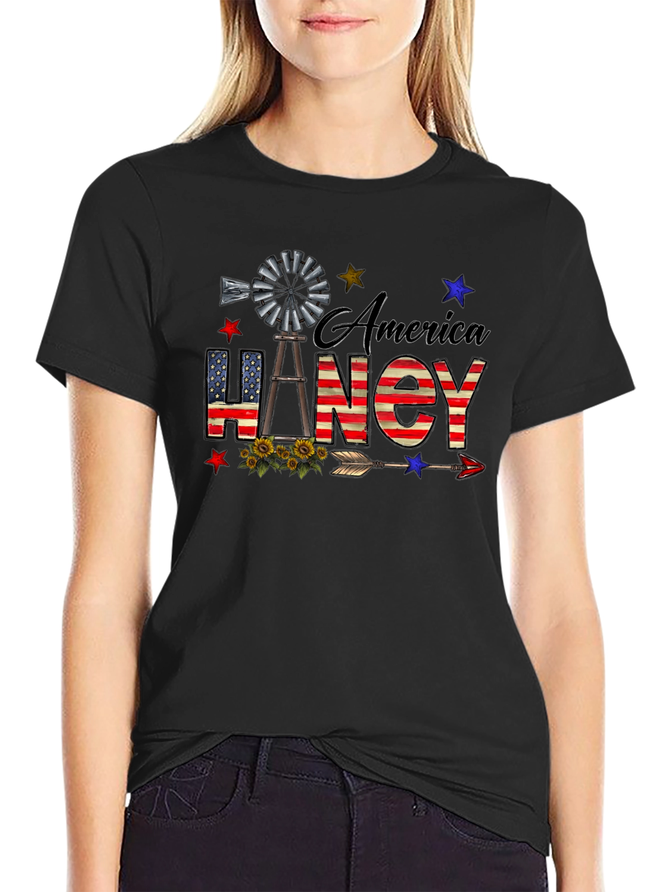 America Haney T-Shirt Patriotic Windmill Stars USA Flag