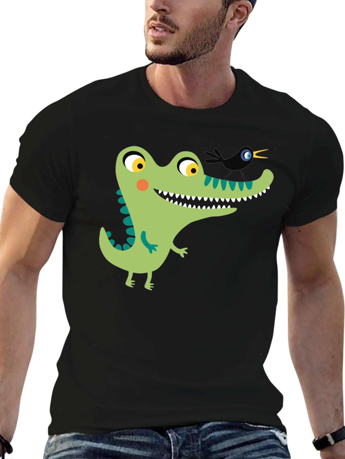 Cartoon Alligator Graphic Tee - Black Cotton