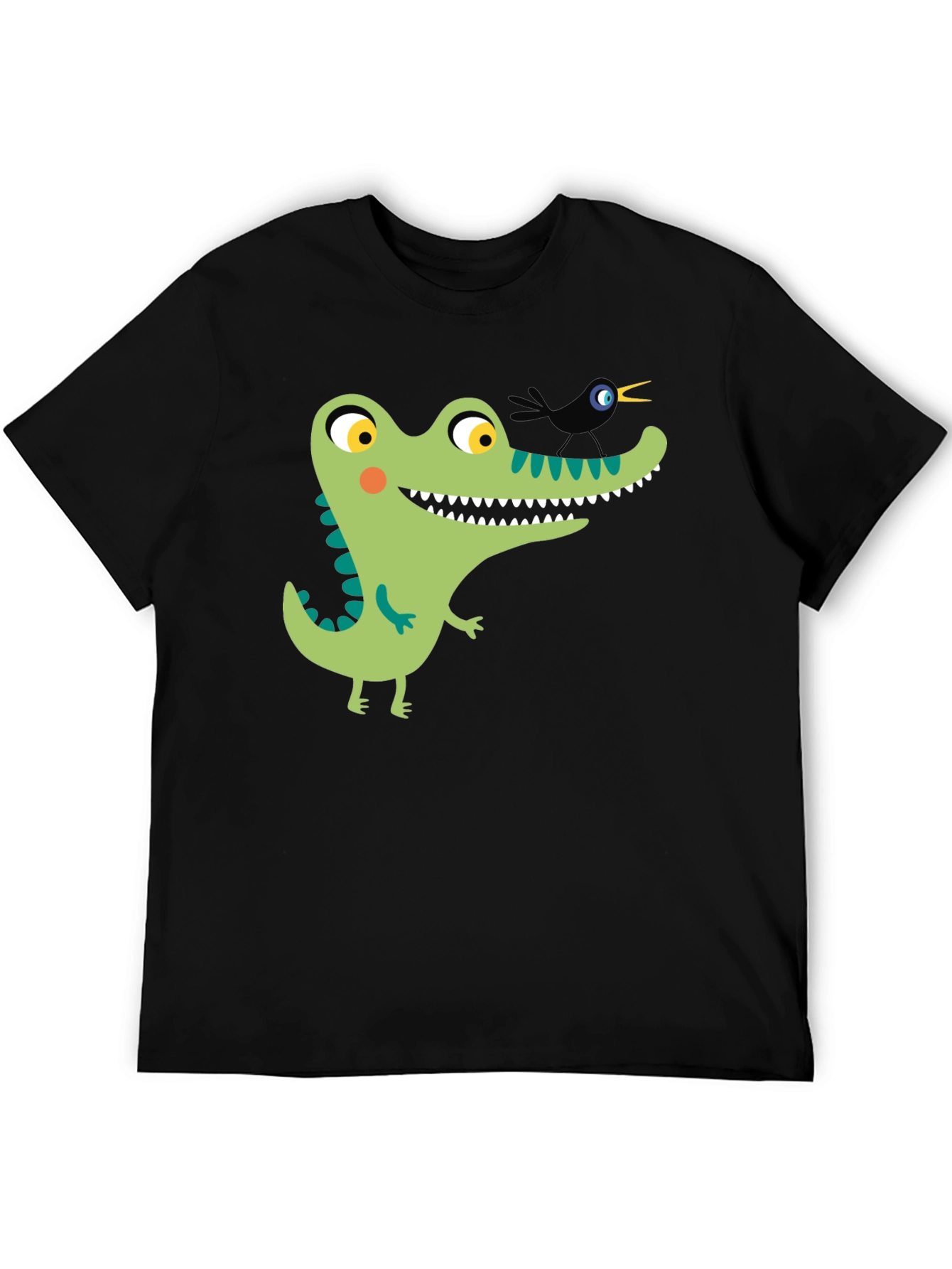 Cartoon Alligator Graphic Tee - Black Cotton