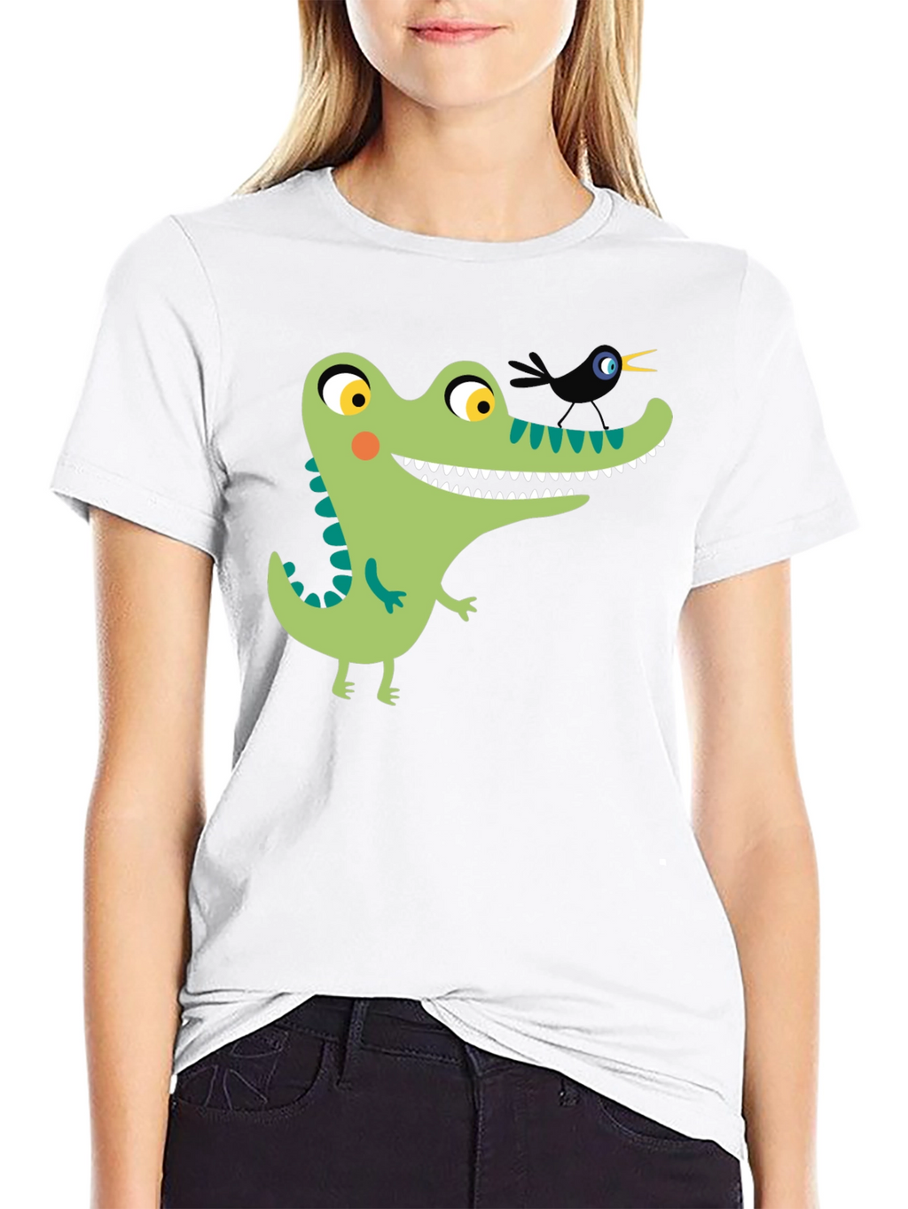 Cartoon Alligator Graphic Tee - Black Cotton