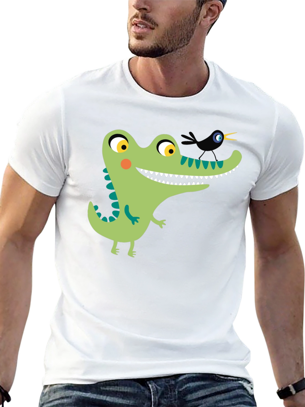 Cartoon Alligator Graphic Tee - Black Cotton