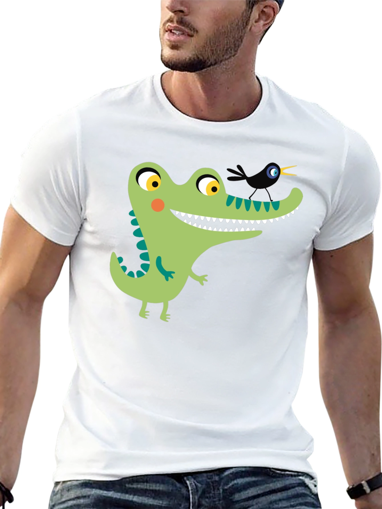 Cartoon Alligator Graphic Tee - Black Cotton