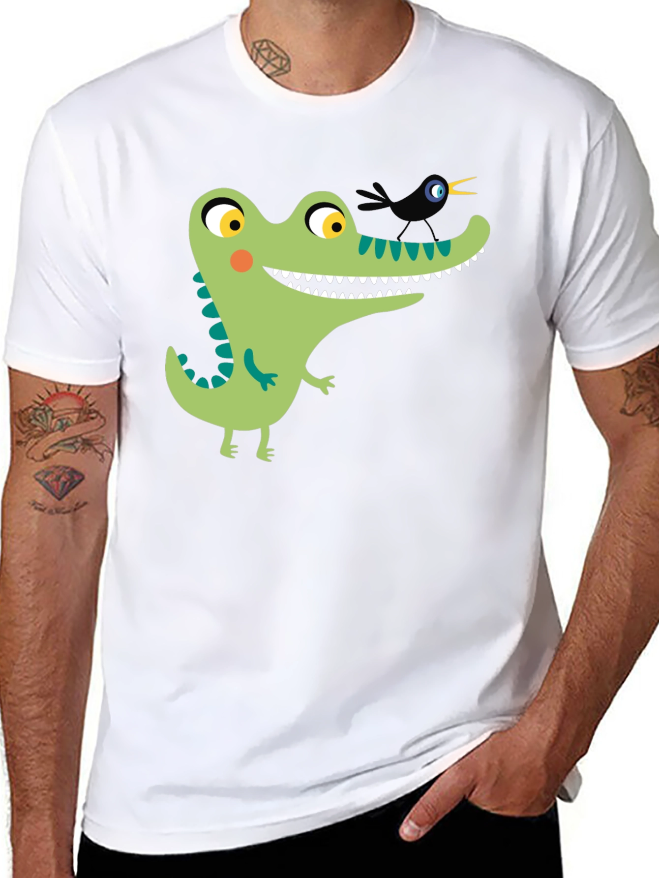 Cartoon Alligator Graphic Tee - Black Cotton