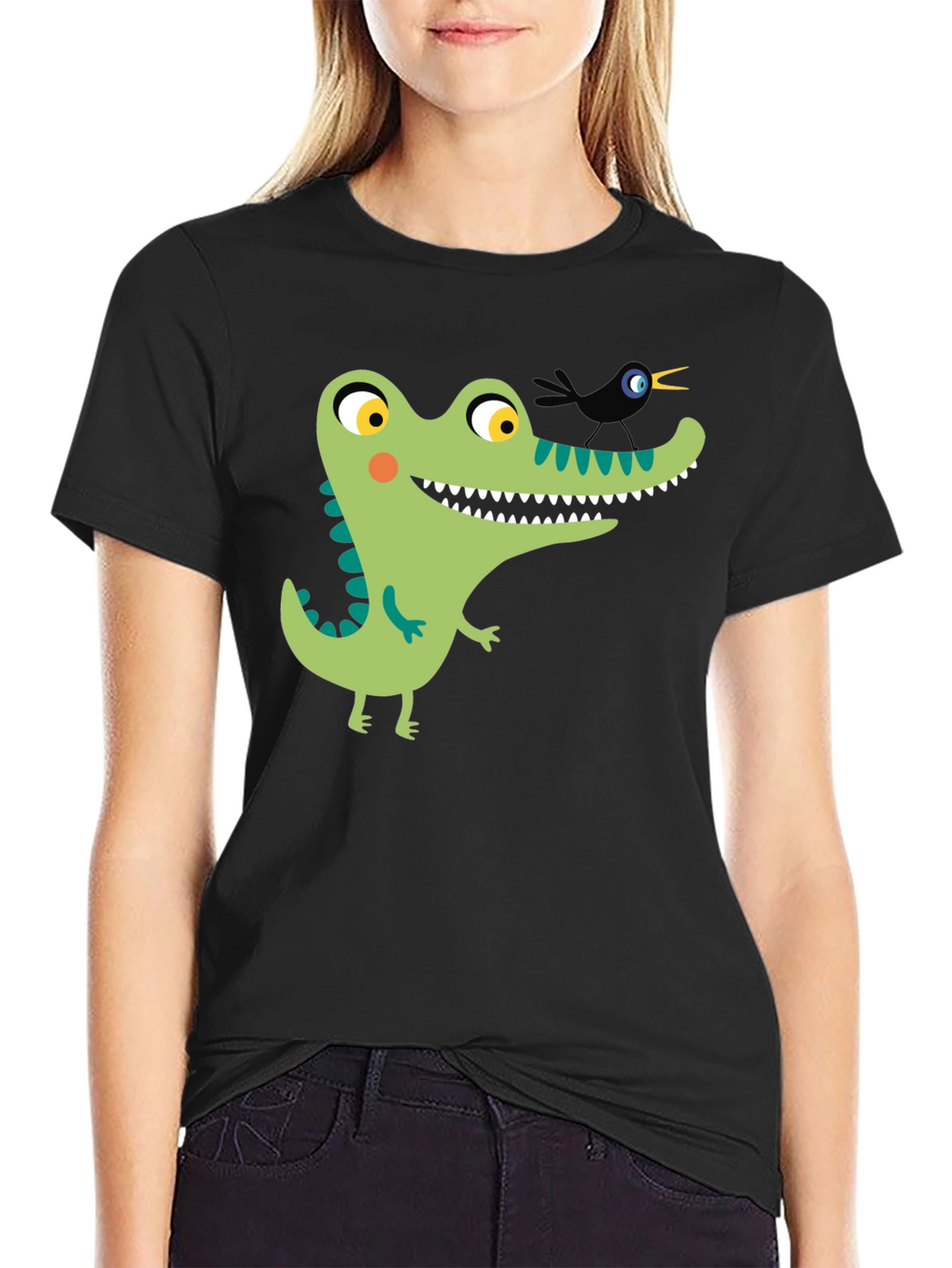 Cartoon Alligator Graphic Tee - Black Cotton