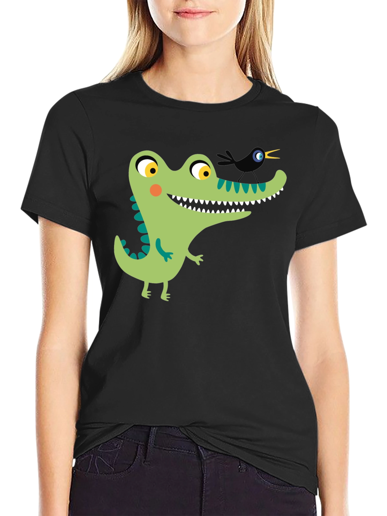 Cartoon Alligator Graphic Tee - Black Cotton