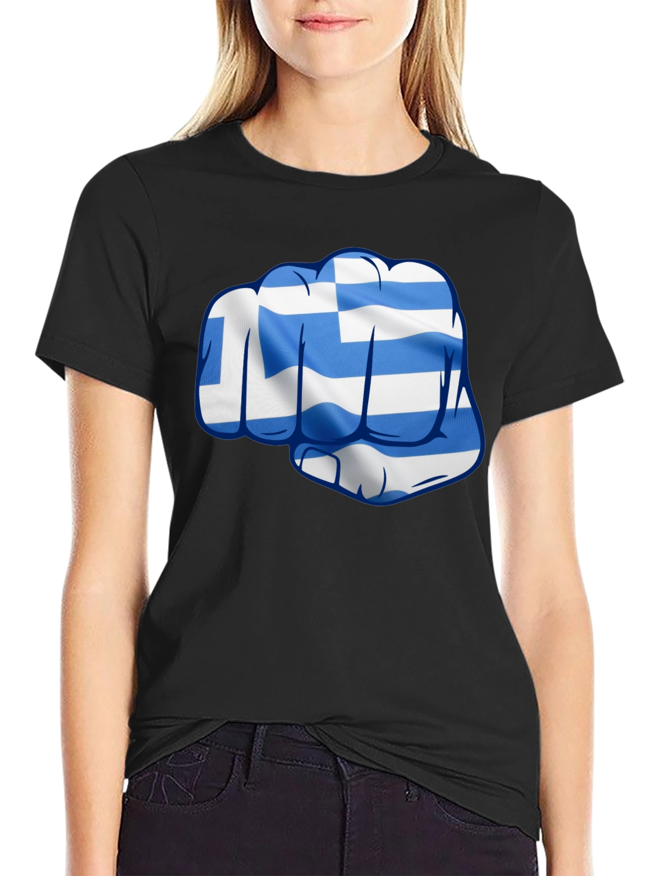 Greek Flag Fist Graphic Tee - Black Cotton Blend Shirt