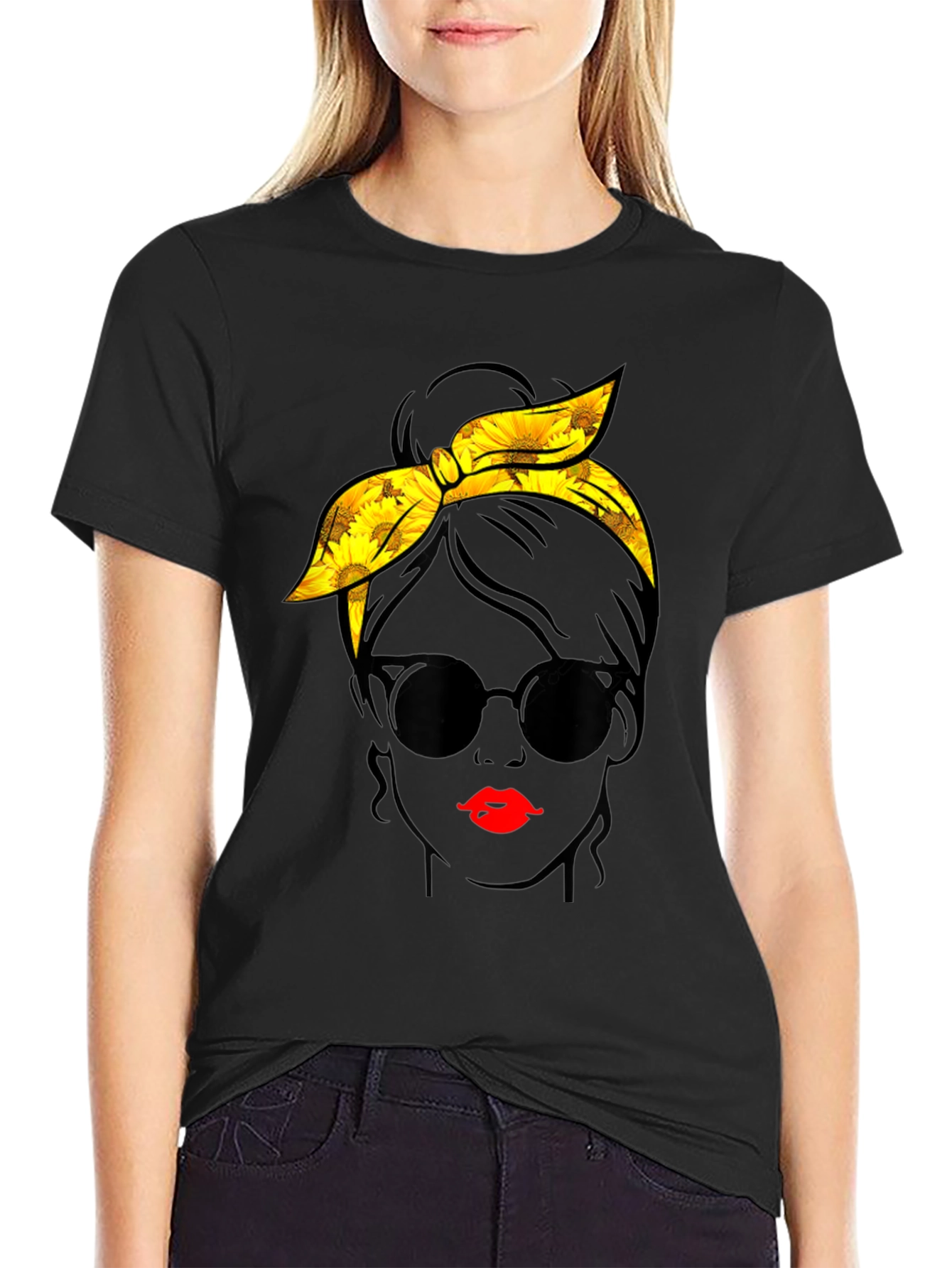 Sunflower Messy Bun Graphic Tee - Black