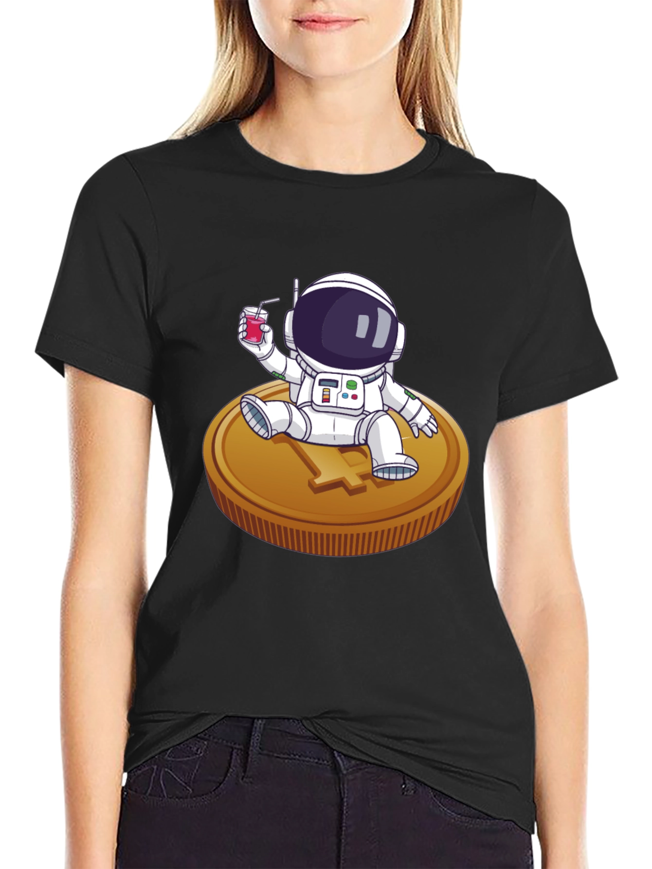 Astronaut Sipping Juice on Coin Tee