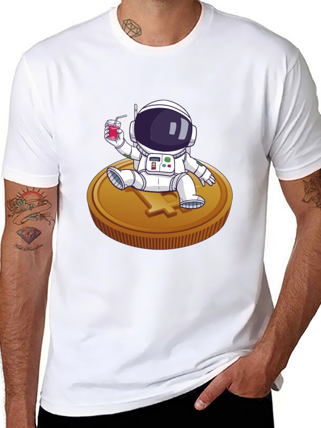 Astronaut Sipping Juice on Coin Tee