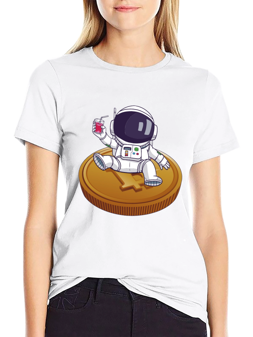 Astronaut Sipping Juice on Coin Tee