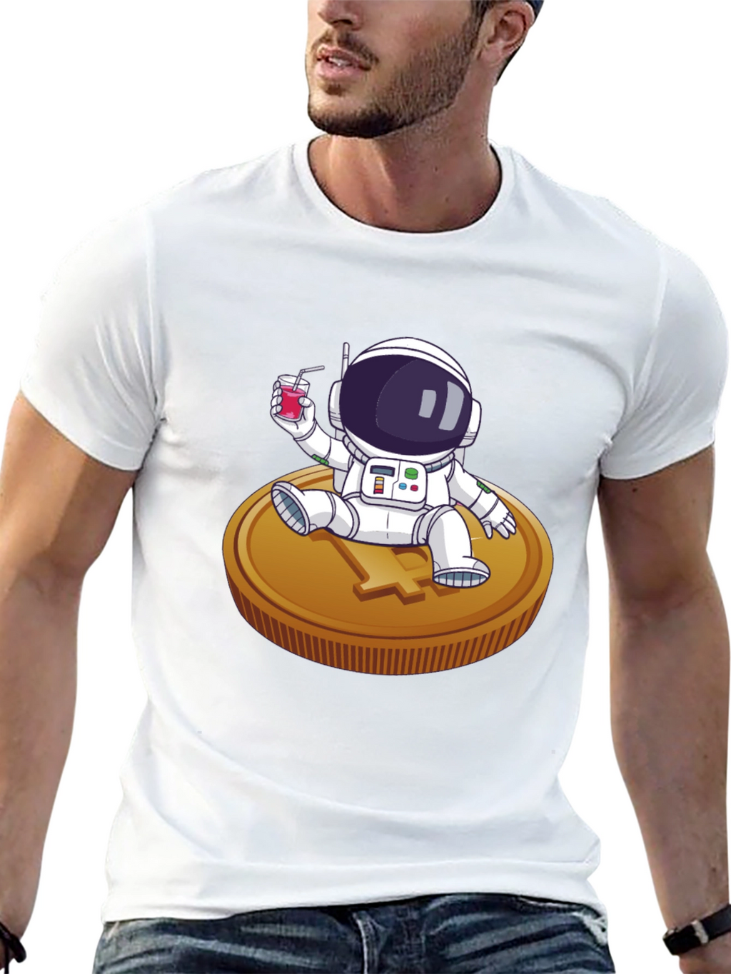 Astronaut Sipping Juice on Coin Tee
