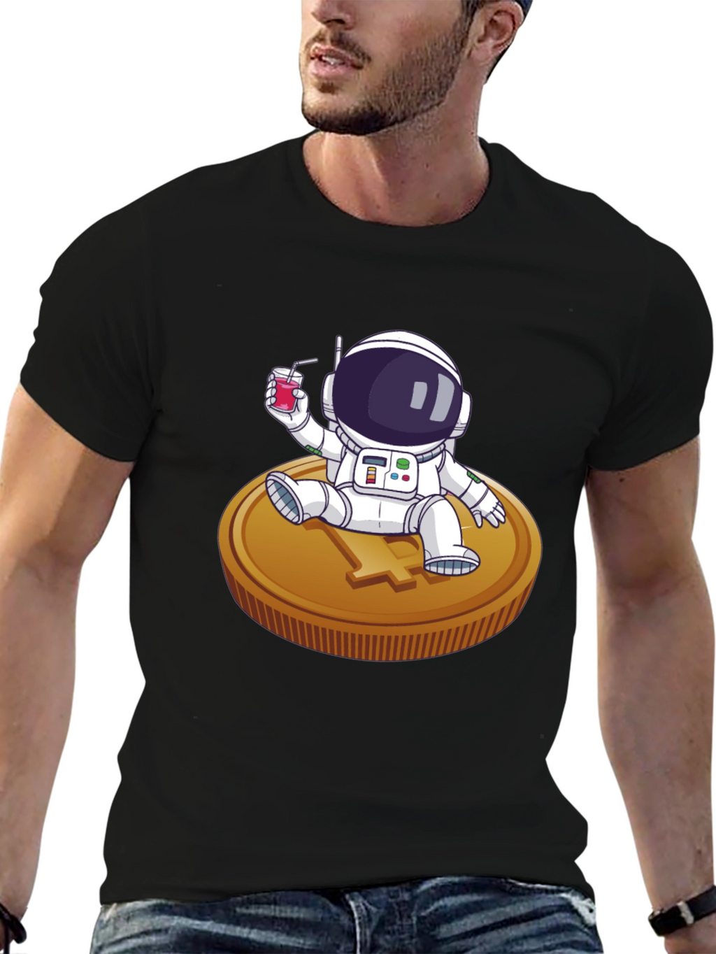 Astronaut Sipping Juice on Coin Tee
