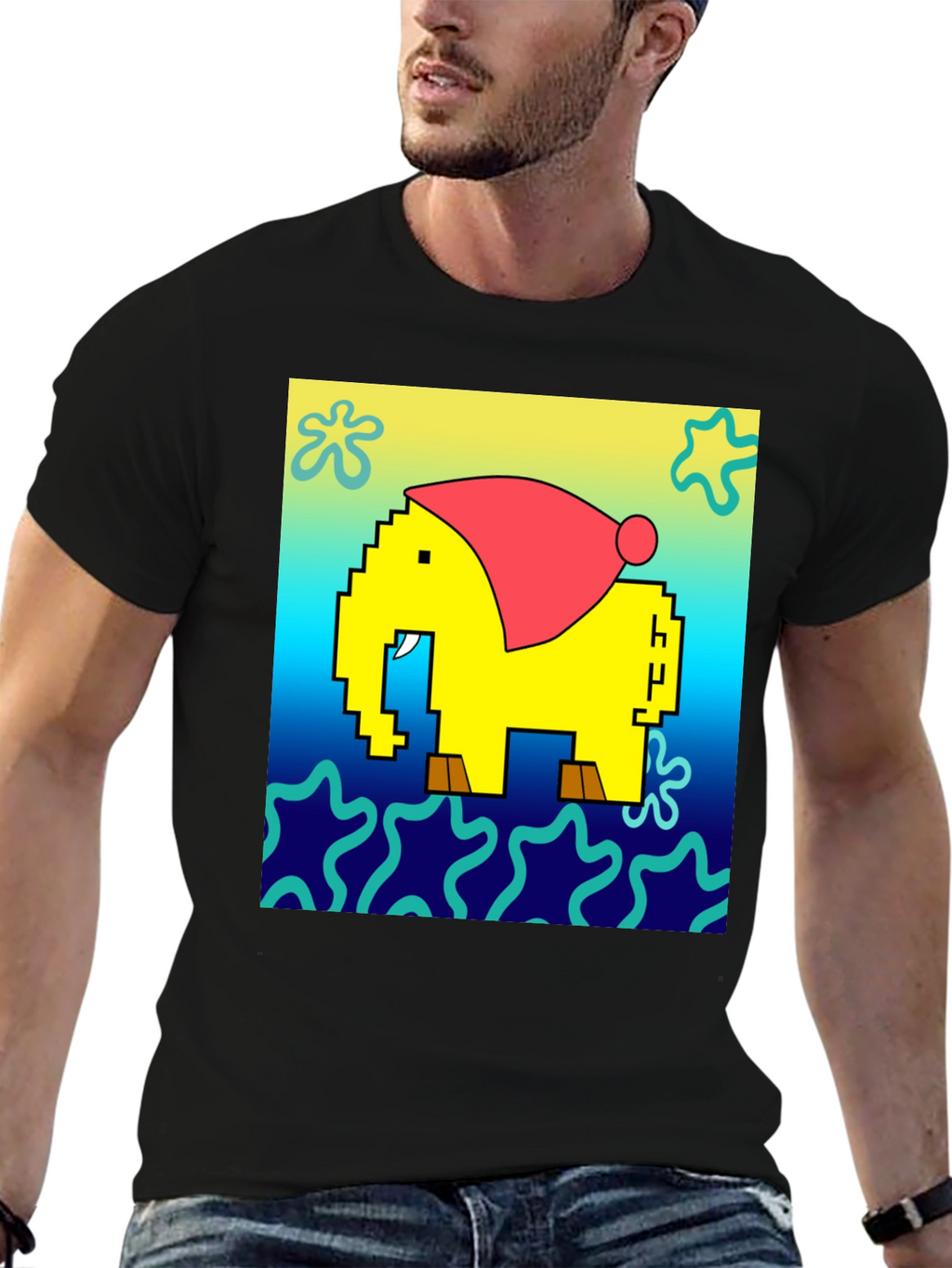Pixel Elephant Christmas Hat T-Shirt