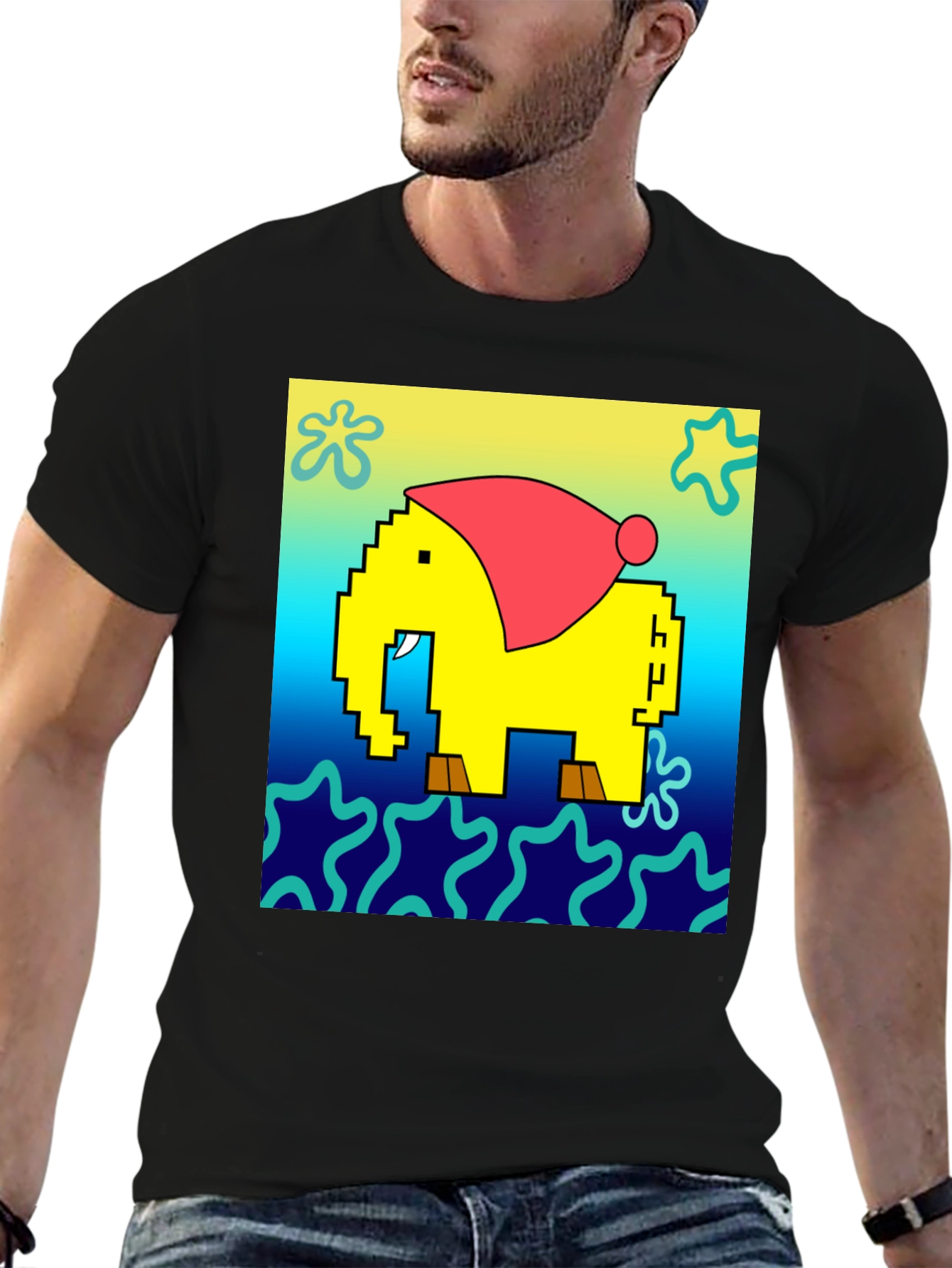 Pixel Elephant Christmas Hat T-Shirt