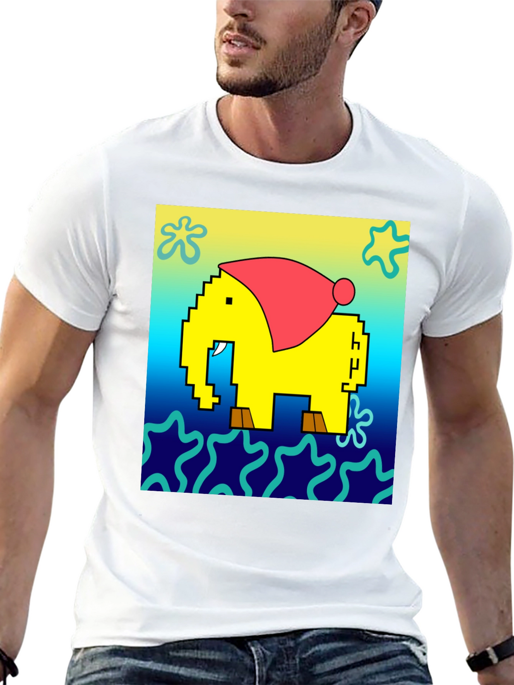 Pixel Elephant Christmas Hat T-Shirt