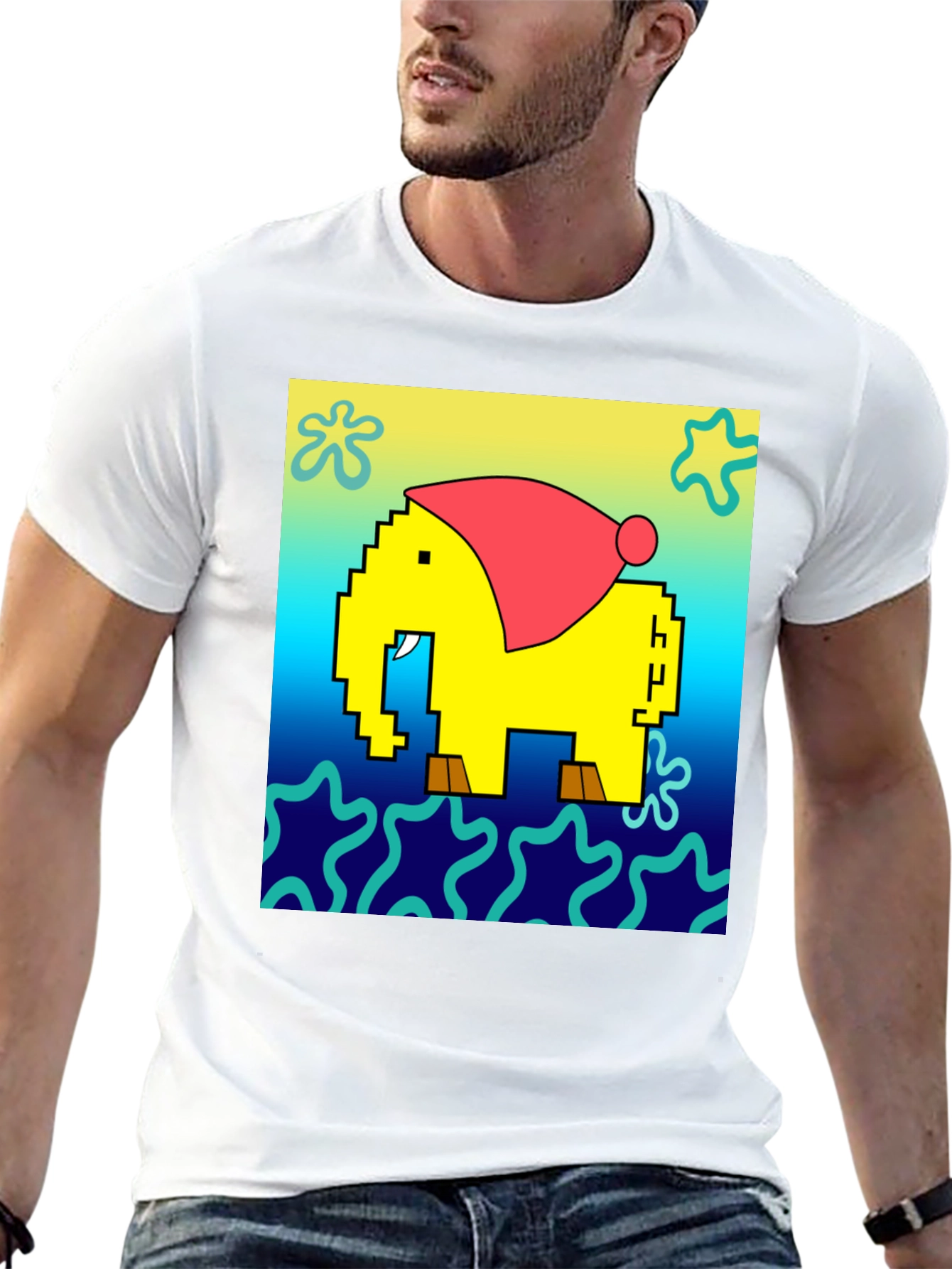 Pixel Elephant Christmas Hat T-Shirt