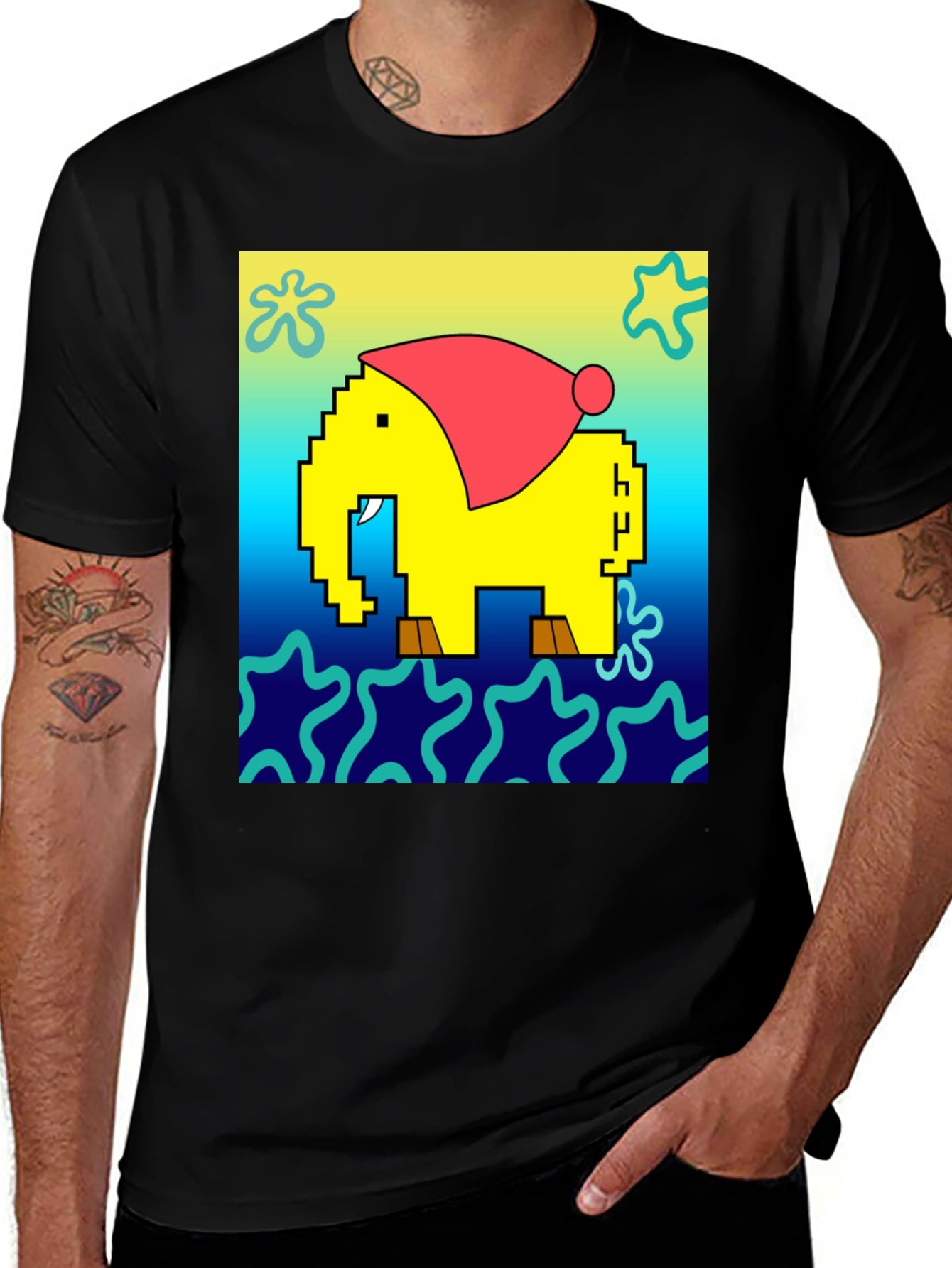 Pixel Elephant Christmas Hat T-Shirt