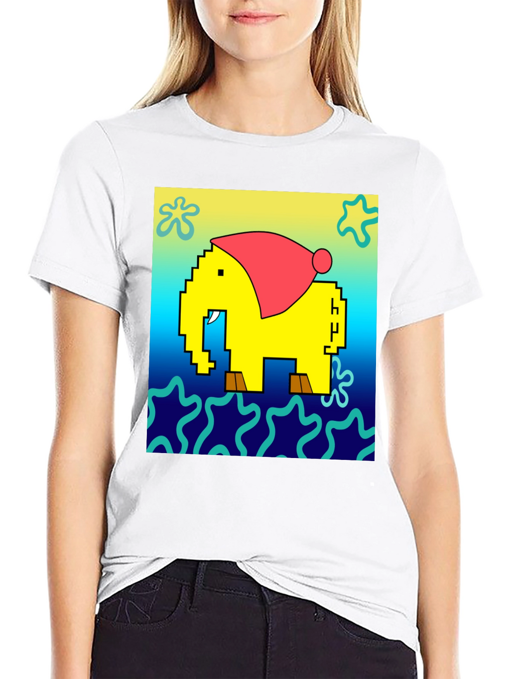 Pixel Elephant Christmas Hat T-Shirt