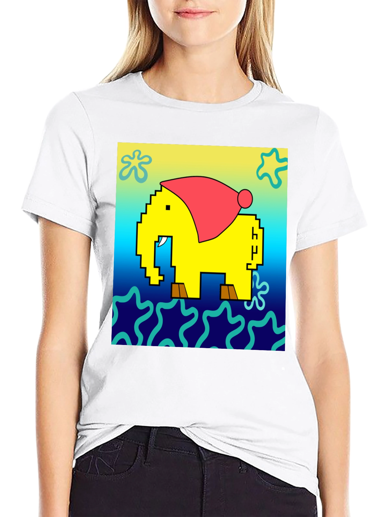 Pixel Elephant Christmas Hat T-Shirt