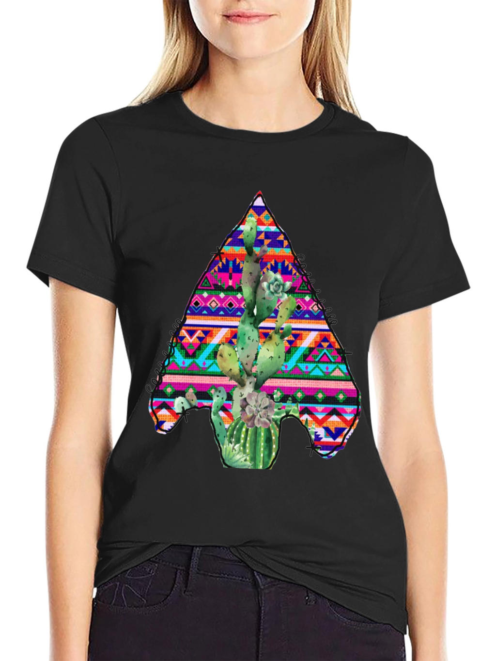 Cactus Aztec Print Black T-Shirt