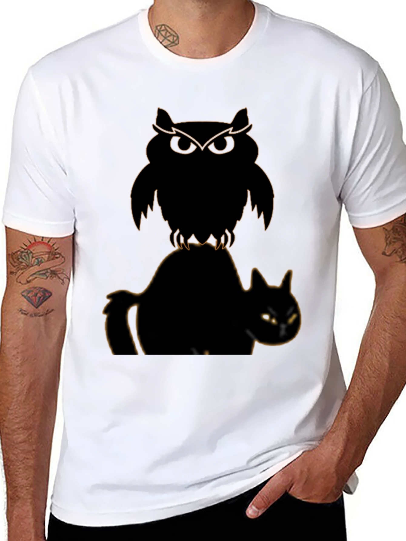 Owl and Cat Graphic T-Shirt