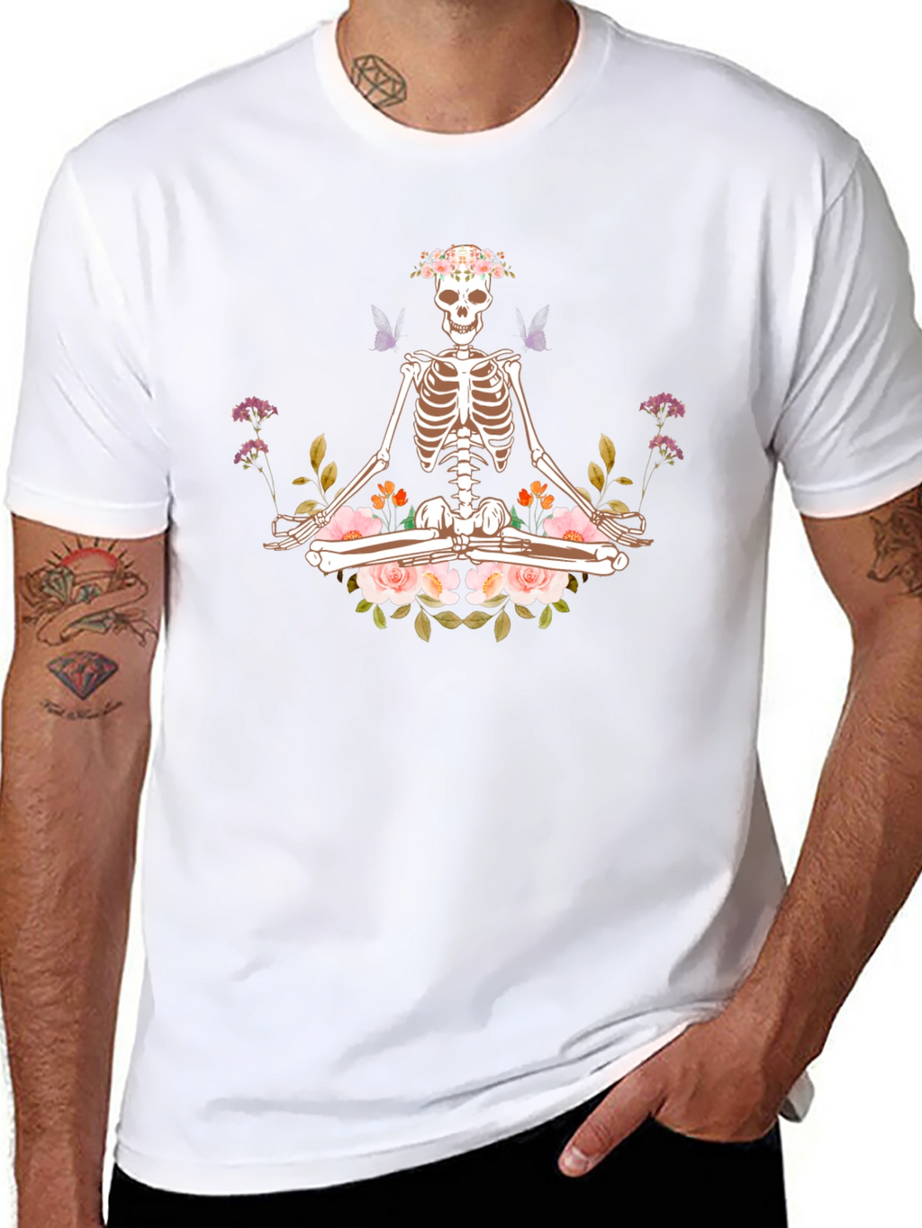 Meditating Skeleton Floral Graphic T-Shirt