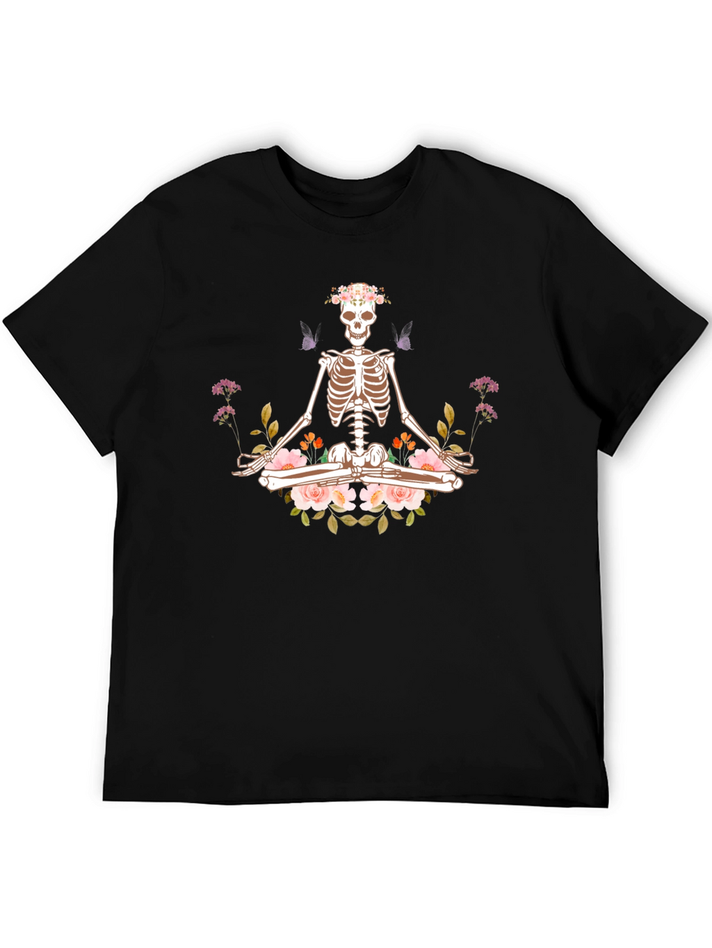 Meditating Skeleton Floral Graphic T-Shirt