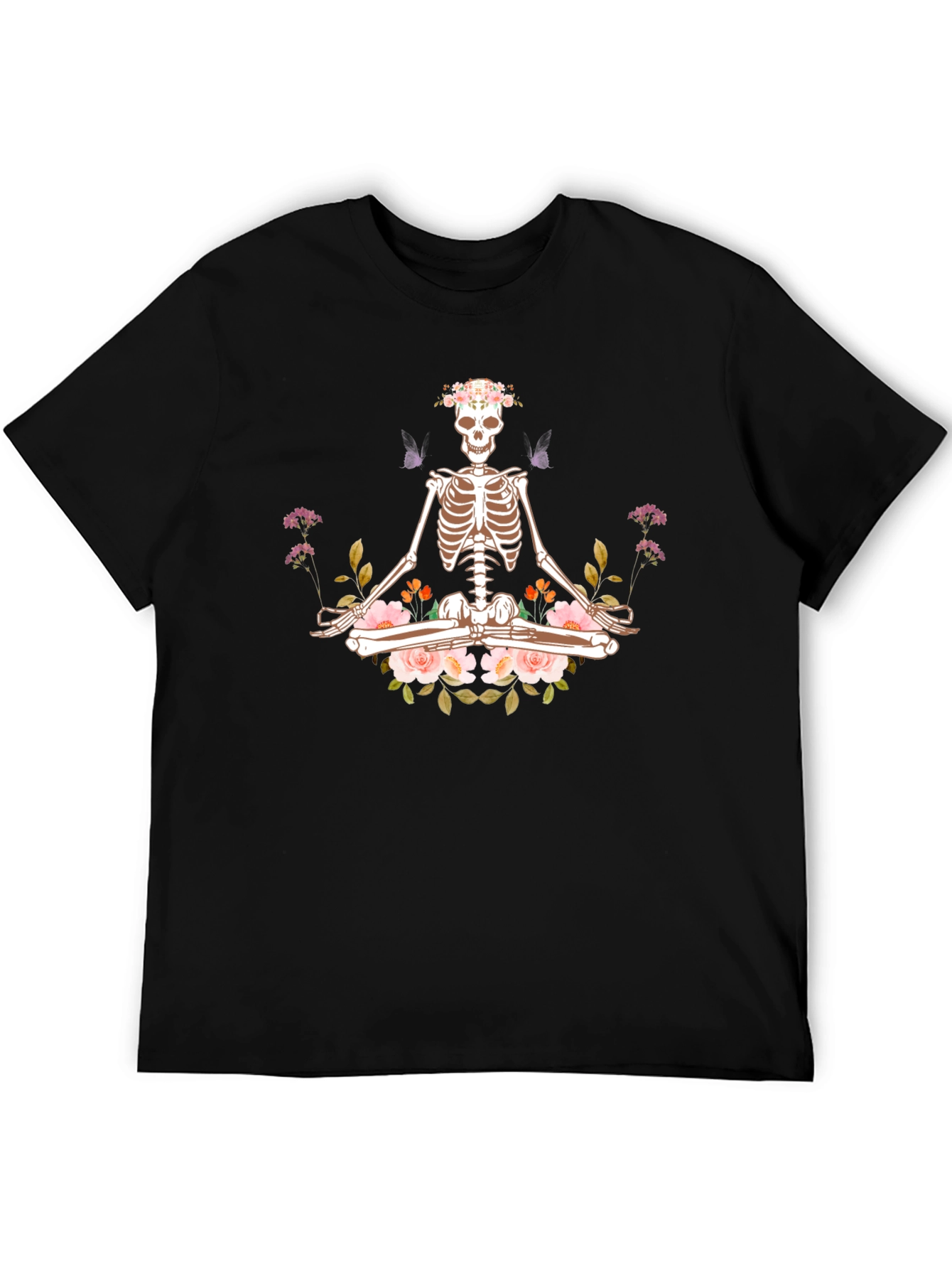 Meditating Skeleton Floral Graphic T-Shirt