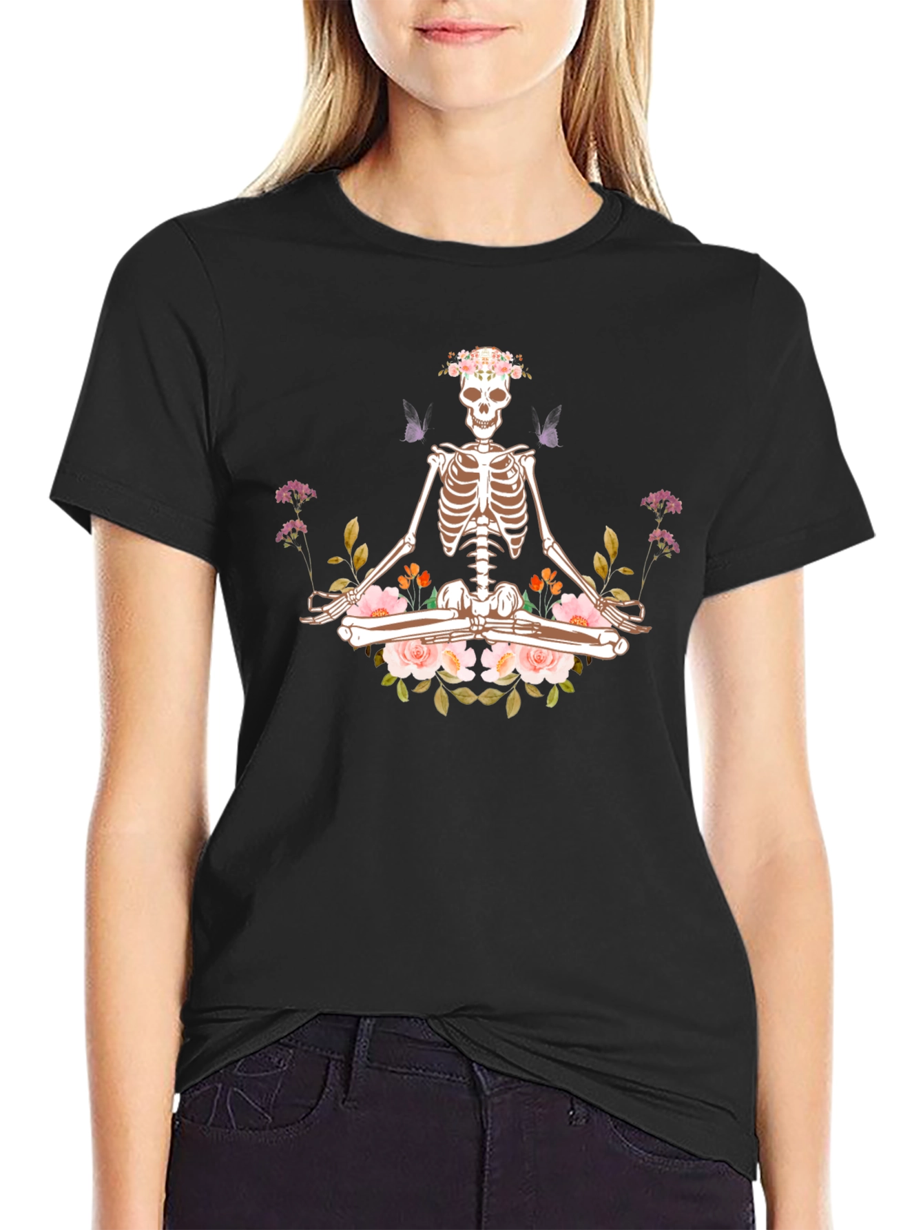 Meditating Skeleton Floral Graphic T-Shirt