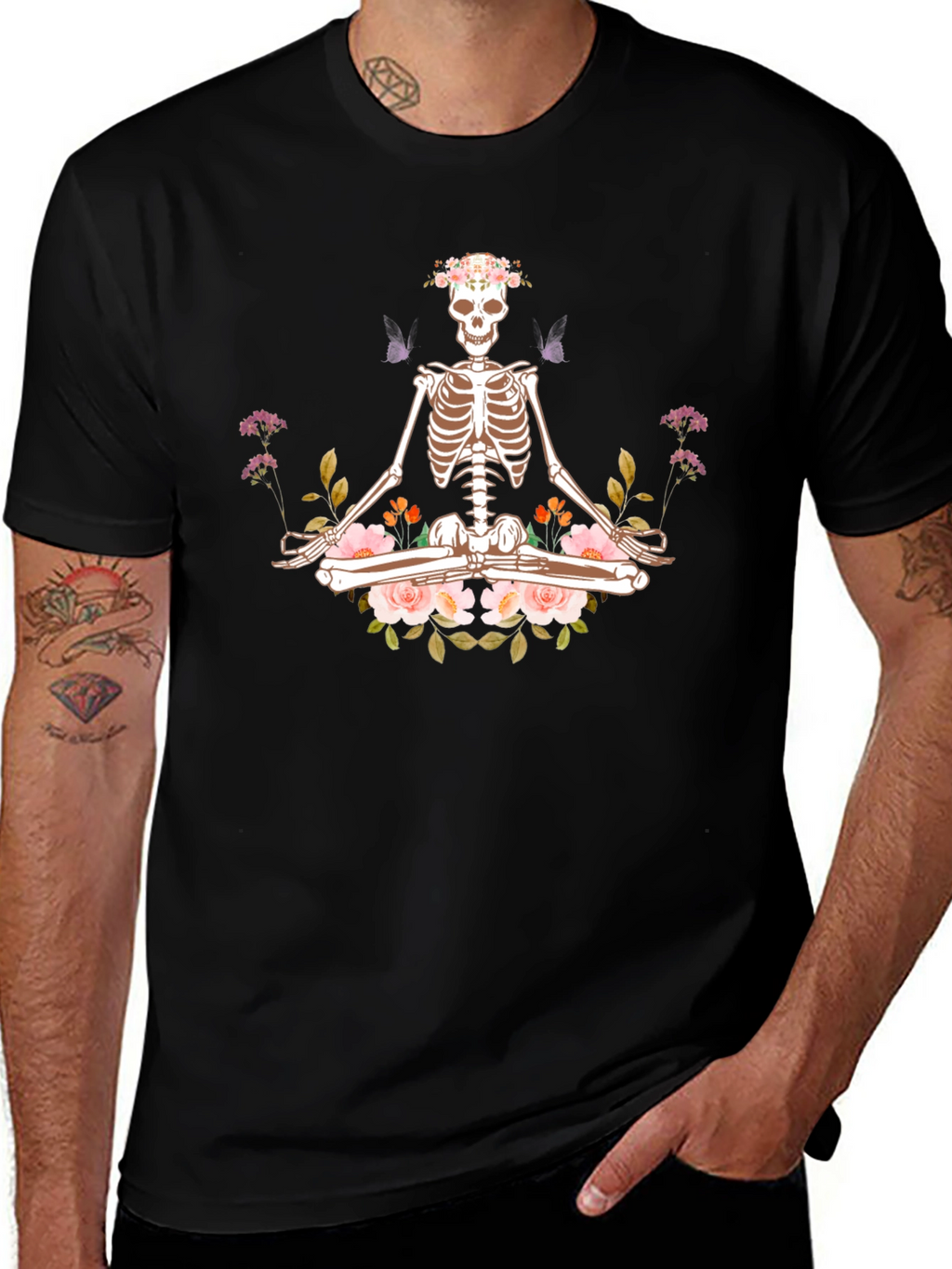 Meditating Skeleton Floral Graphic T-Shirt