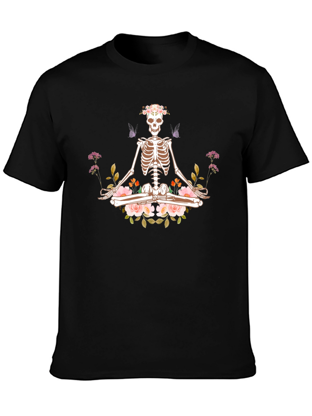 Meditating Skeleton Floral Graphic T-Shirt