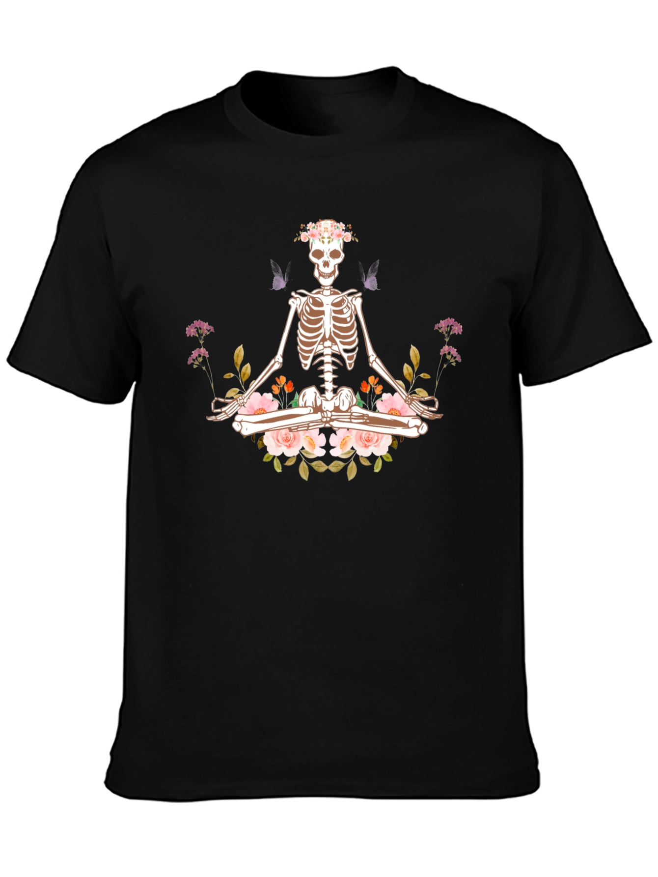 Meditating Skeleton Floral Graphic T-Shirt