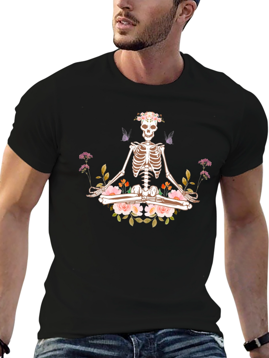 Meditating Skeleton Floral Graphic T-Shirt