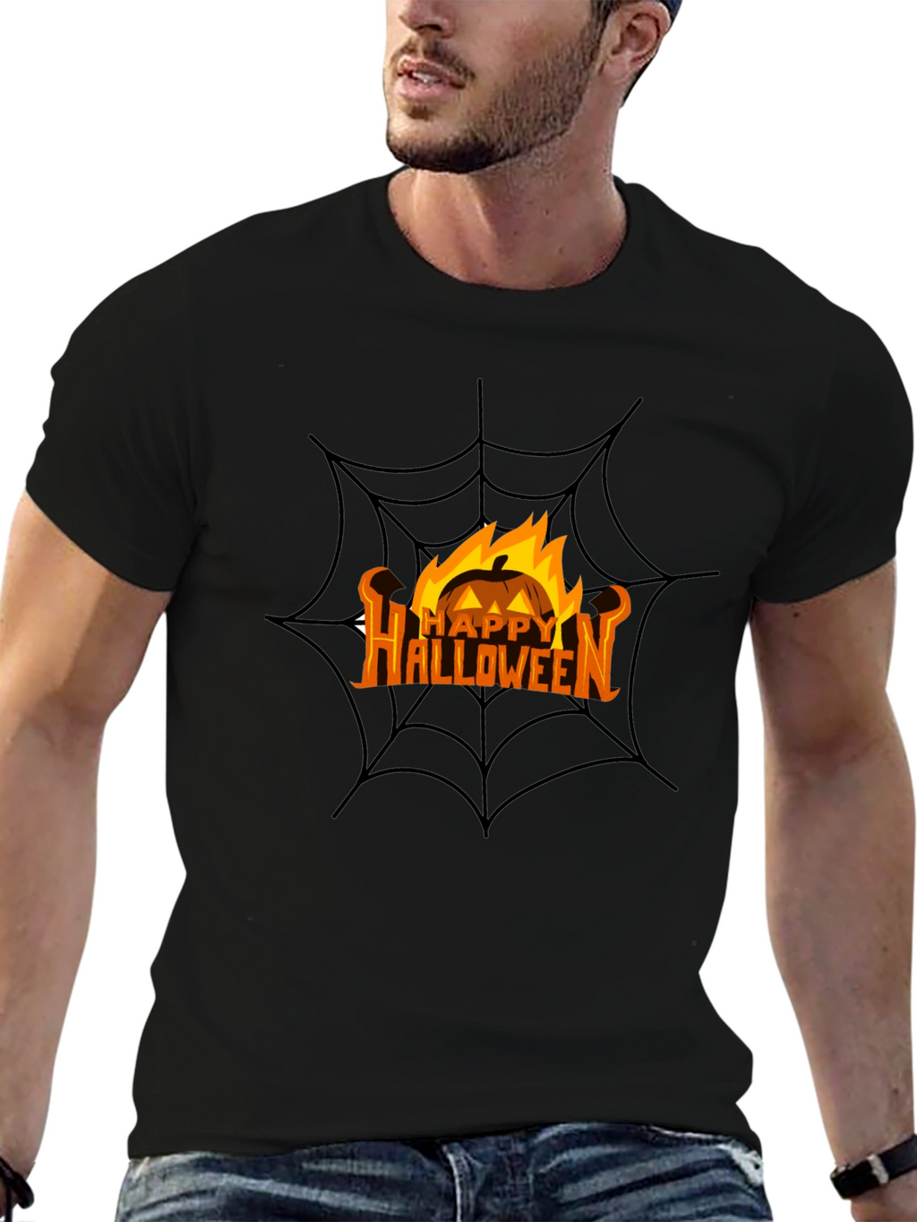 Happy Halloween Pumpkin Spiderweb Black T-Shirt